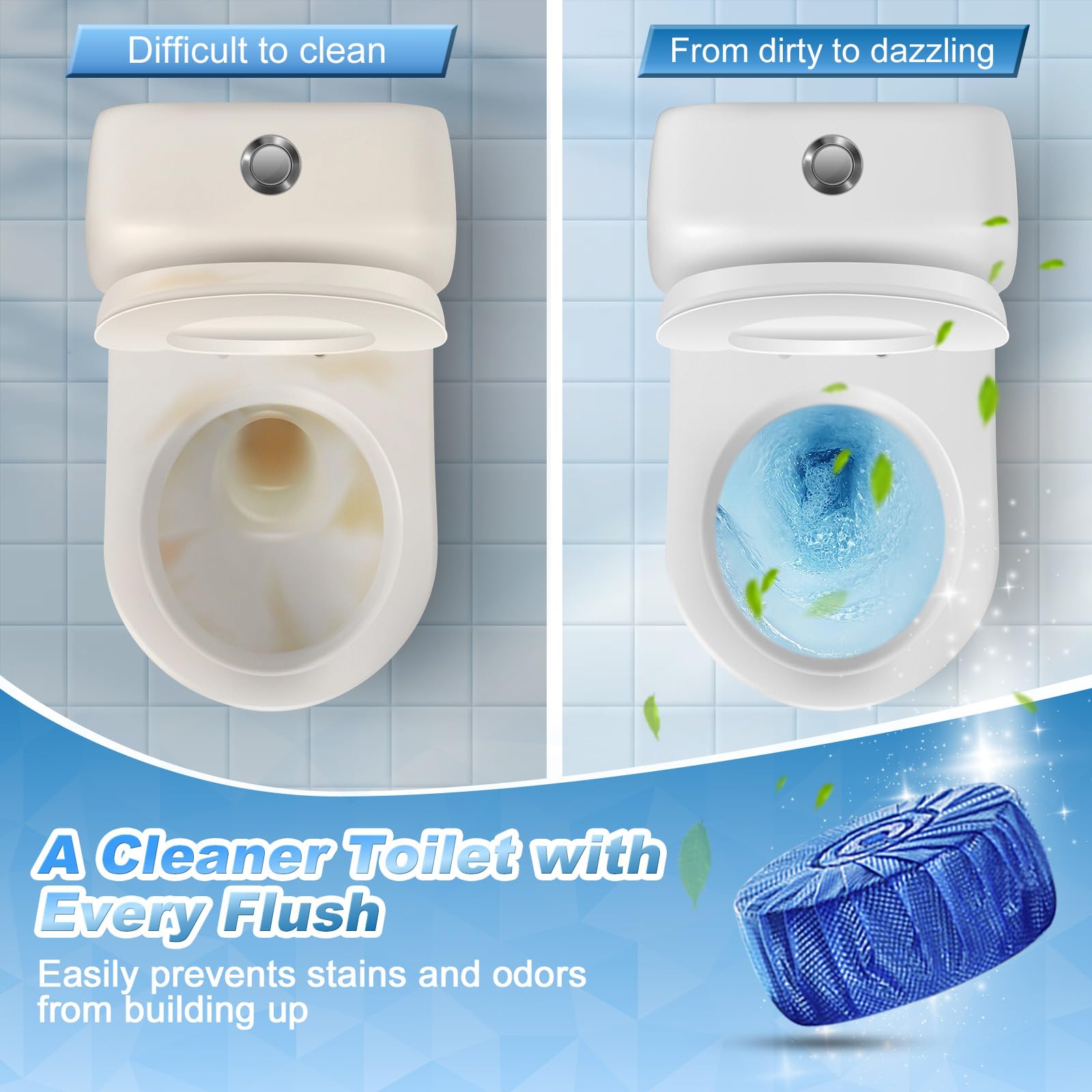 KIISIISO Automatic Toilet Bowl Cleaner Tablets Blue 30 Pack, Drop-In Tank Cleaner for Bathroom, Prevent Stains & Deodorize, Septic Safe, Long-Lasting