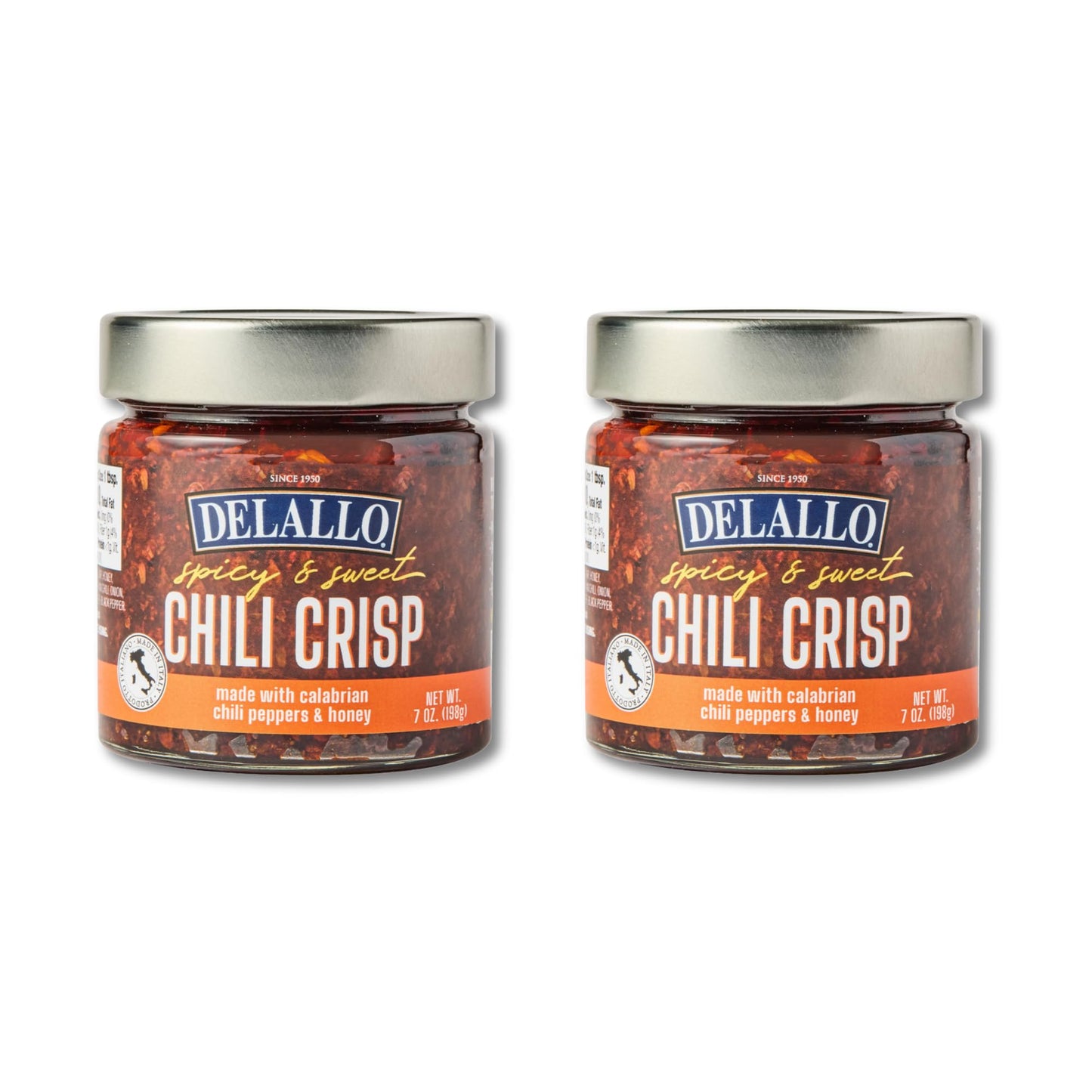 DeLallo Spicy and Sweet Chili Crisp, Made with Calabrian Chili Peppers, Sichuan Peppers, and Porcini Mushrooms, Made in Italy, Non-GMO, Kosher, Vegan