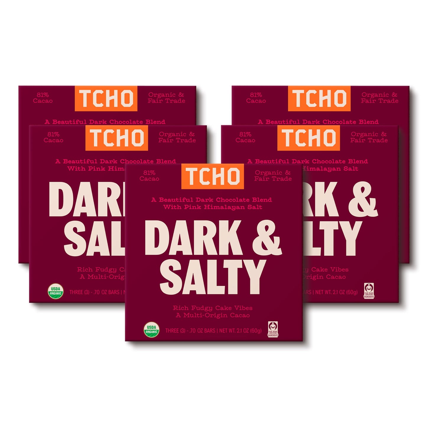 TCHO Dark & Salty 81% Dark Chocolate Bars (5 pack) |Plant Based, Organic & Fair Trade Certified Chocolate | Non GMO, Non-Dairy, Vegan, Soy Free (2.1oz