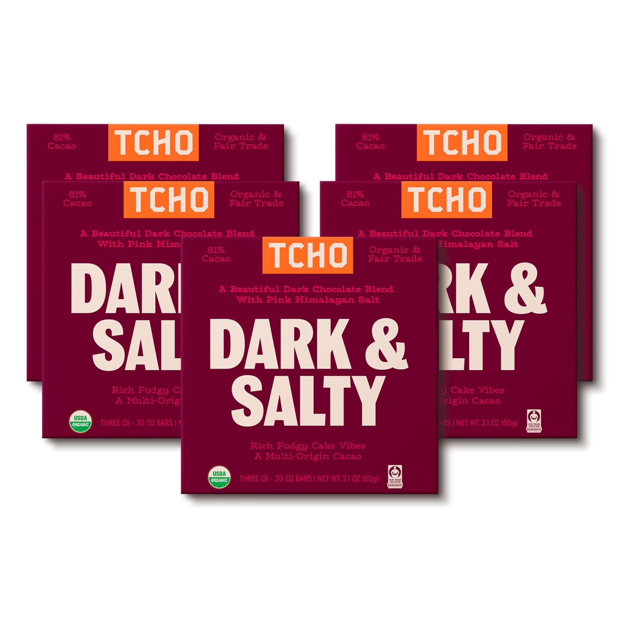 TCHO Dark & Salty 81% Dark Chocolate Bars (5 pack) |Plant Based, Organic & Fair Trade Certified Chocolate | Non GMO, Non-Dairy, Vegan, Soy Free (2.1oz