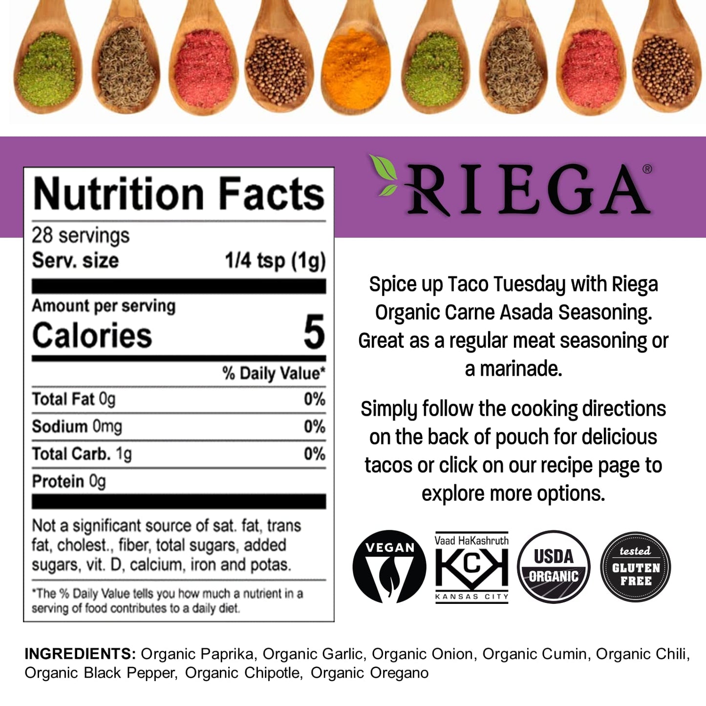 Riega Street Taco Seasoning, Organic Mexican Spice Blend for Cooking Authentic Meals, Carne Asada, 1 oz Packets, 8 Count