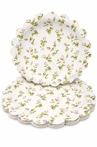 Lulu Posh Floral Paper Plates 12 Inch (24 Pack) - Scalloped Disposable Party Plates, Pink Rose Vintage Shabby Chic Dinner Plates, Heavy Duty Paper