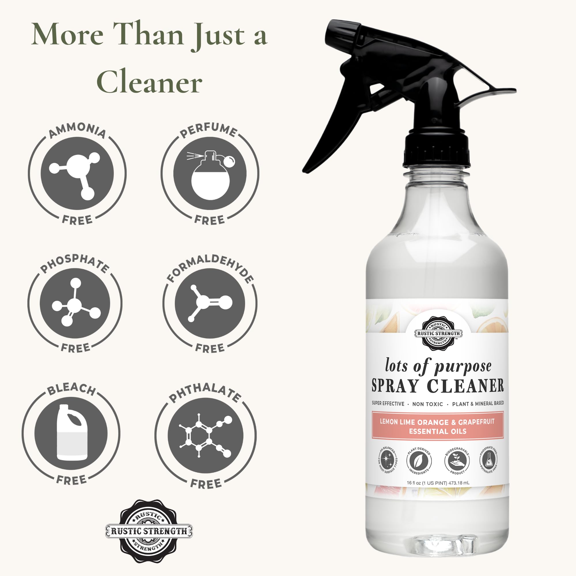 Rustic Strength Lots of Purpose Spray Cleaner, Sunburst Citrus Scent, Multi-Surface, pH Balanced, Non-Toxic, Biodegradable, 16 oz