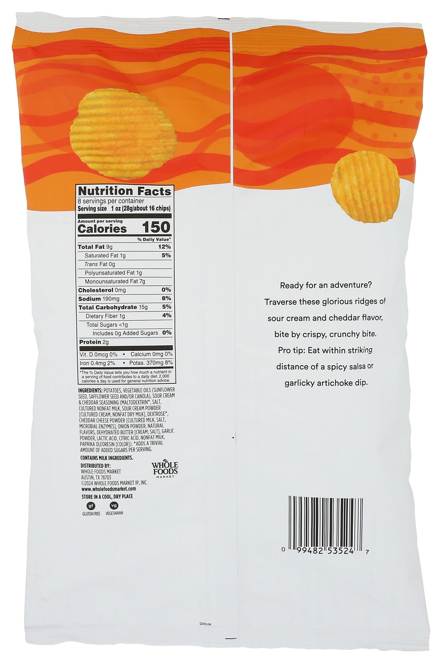 365 By Whole Foods Market, Potato Chips Rippled Cheddar & Sour Cream, 8 Ounce