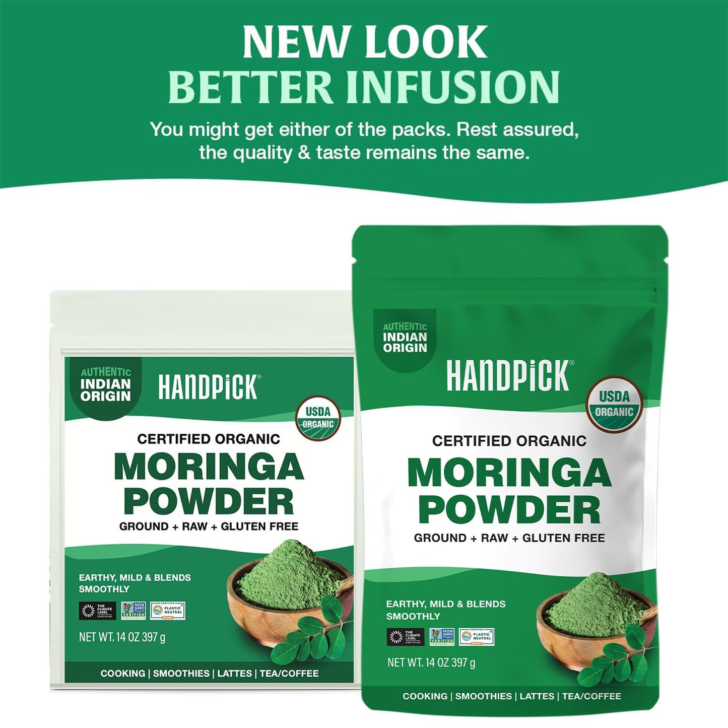HANDPICK USDA Organic Moringa Powder (397g/14oz) Pure Moringa Oleifera Leaf Powder | Authentic Indian Origin | Gluten Free, Non-GMO | Perfect