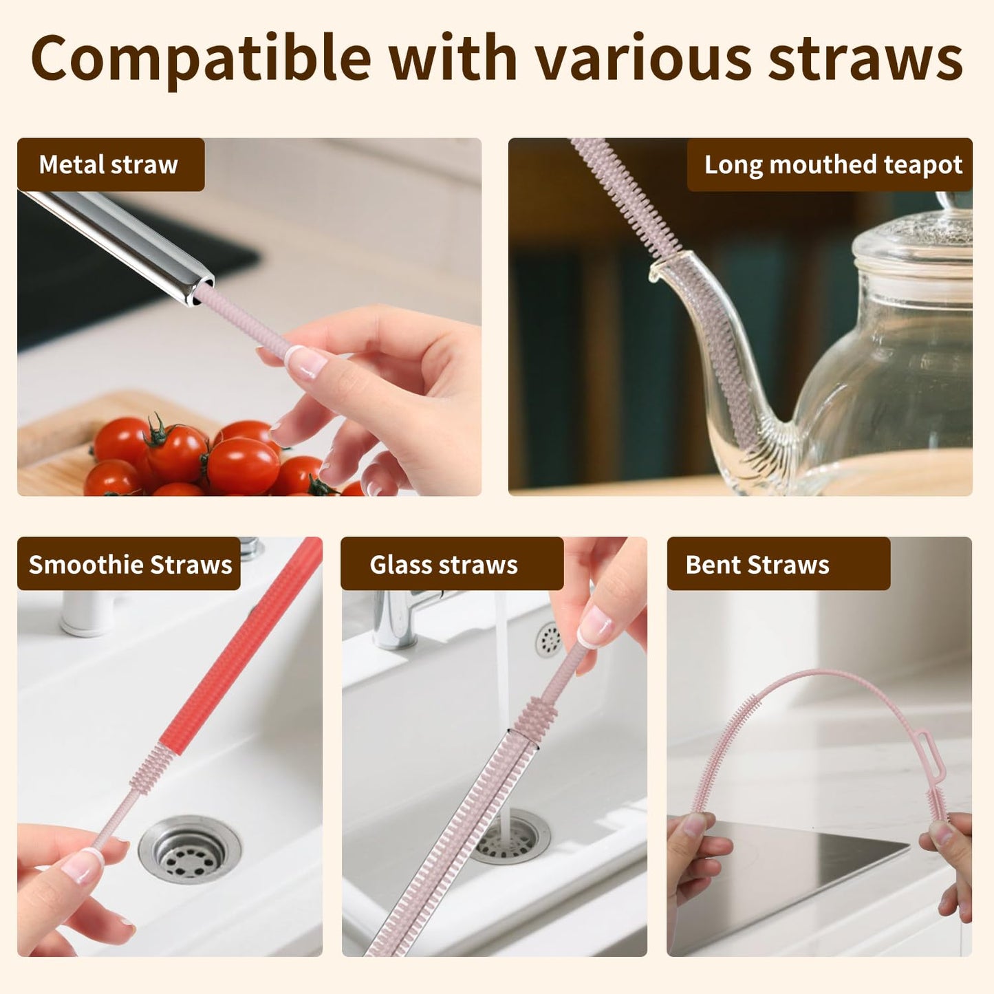 vodvob 2Pcs Premium Silicone Straw Cleaner Brush, 9.84in Extra Long Flexible Straw Cleaning Tool for Glass & Smoothie Straws (Pink, 6mm/9mm)