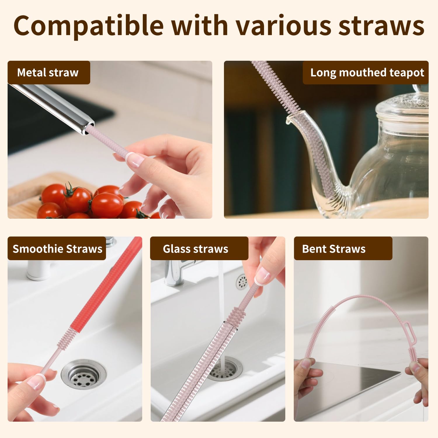 vodvob 2Pcs Premium Silicone Straw Cleaner Brush, 9.84in Extra Long Flexible Straw Cleaning Tool for Glass & Smoothie Straws (Pink, 6mm/9mm)