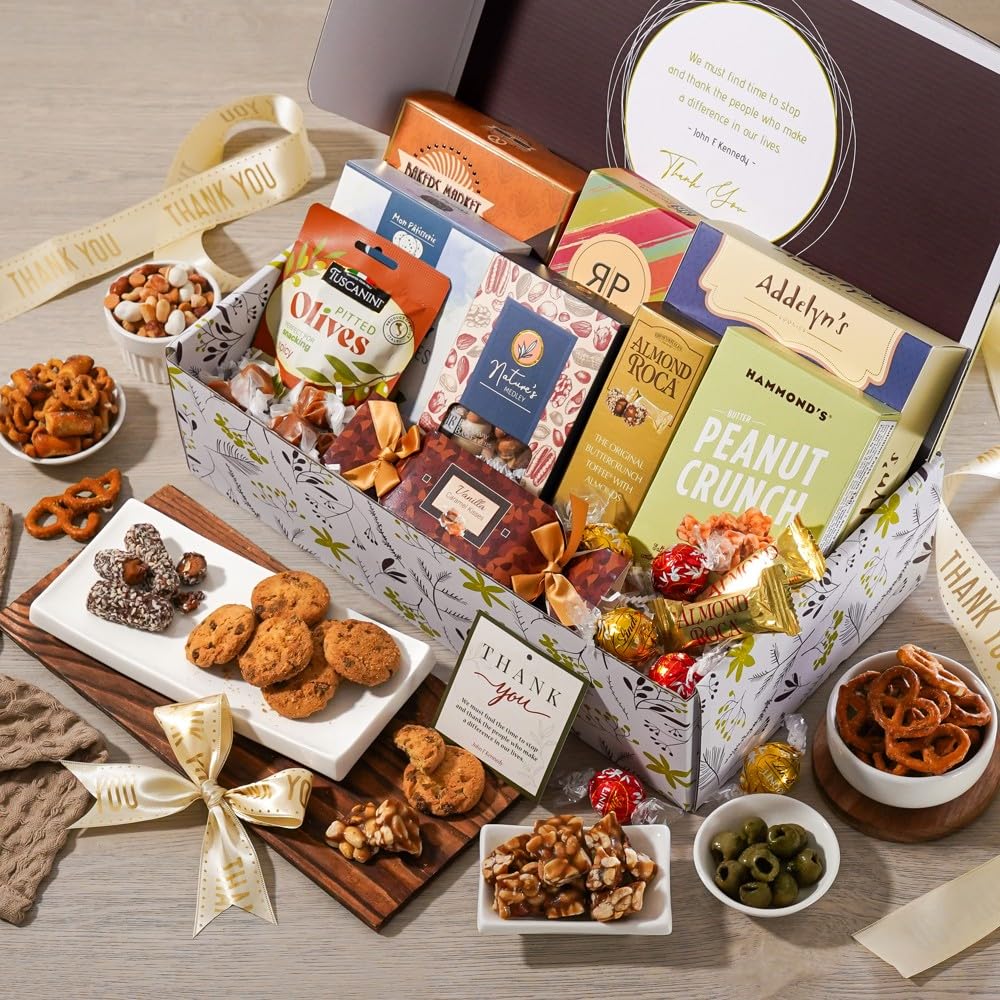 Broadway Basketeers Thank You Gift Box for Men, Women - Gourmet Appreciation Snack Box with Assorted Snacks & Treats, Thank you Gifts for Friends