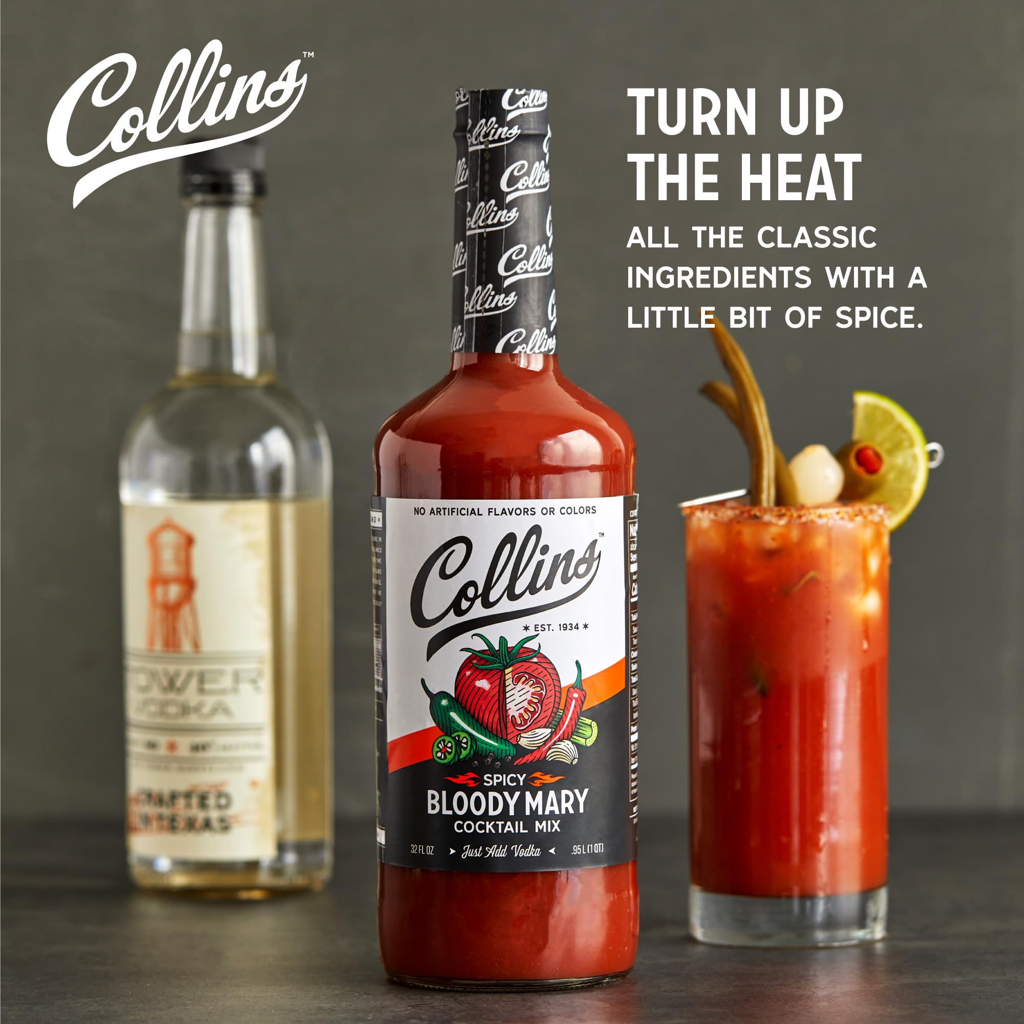 Collins Spicy Bloody Mary Mix, Made With Tomato, Garlic, Worcestershire, Horseradish, Cayenne and Other Spices, Brunch Cocktail Recipe, Bartender