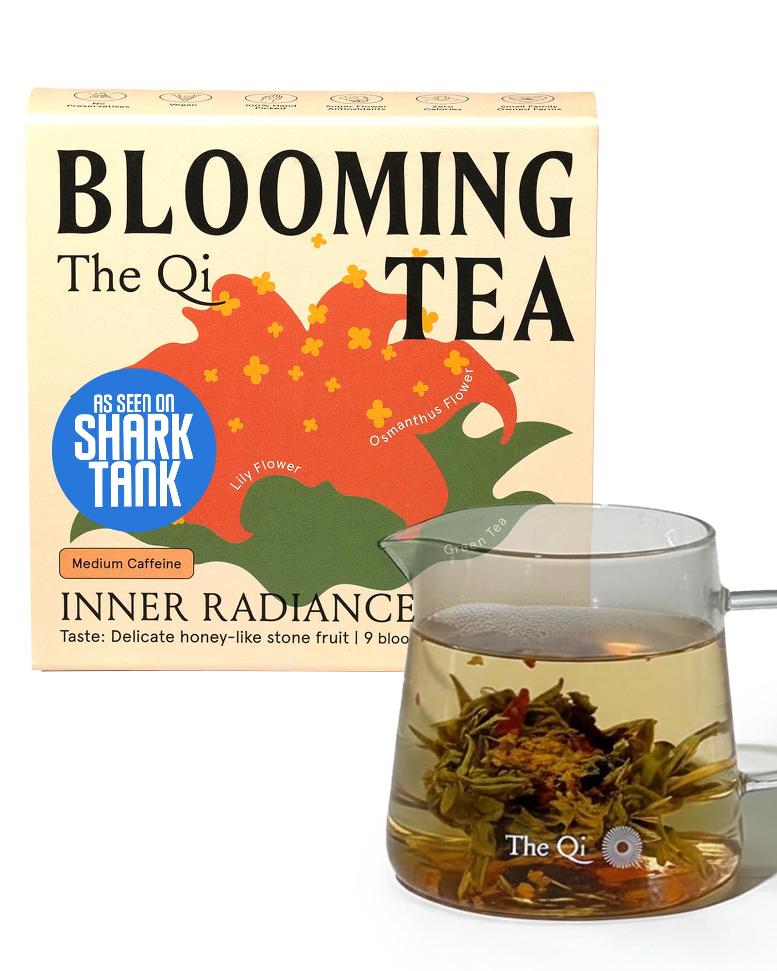 The-Qi Inner Radiance Osmanthus & Lily Blooming Flower w/Green Tea - 9 Pcs Handpicked All Natural Blooming Flower Tea - Gift Set for Inner Calm