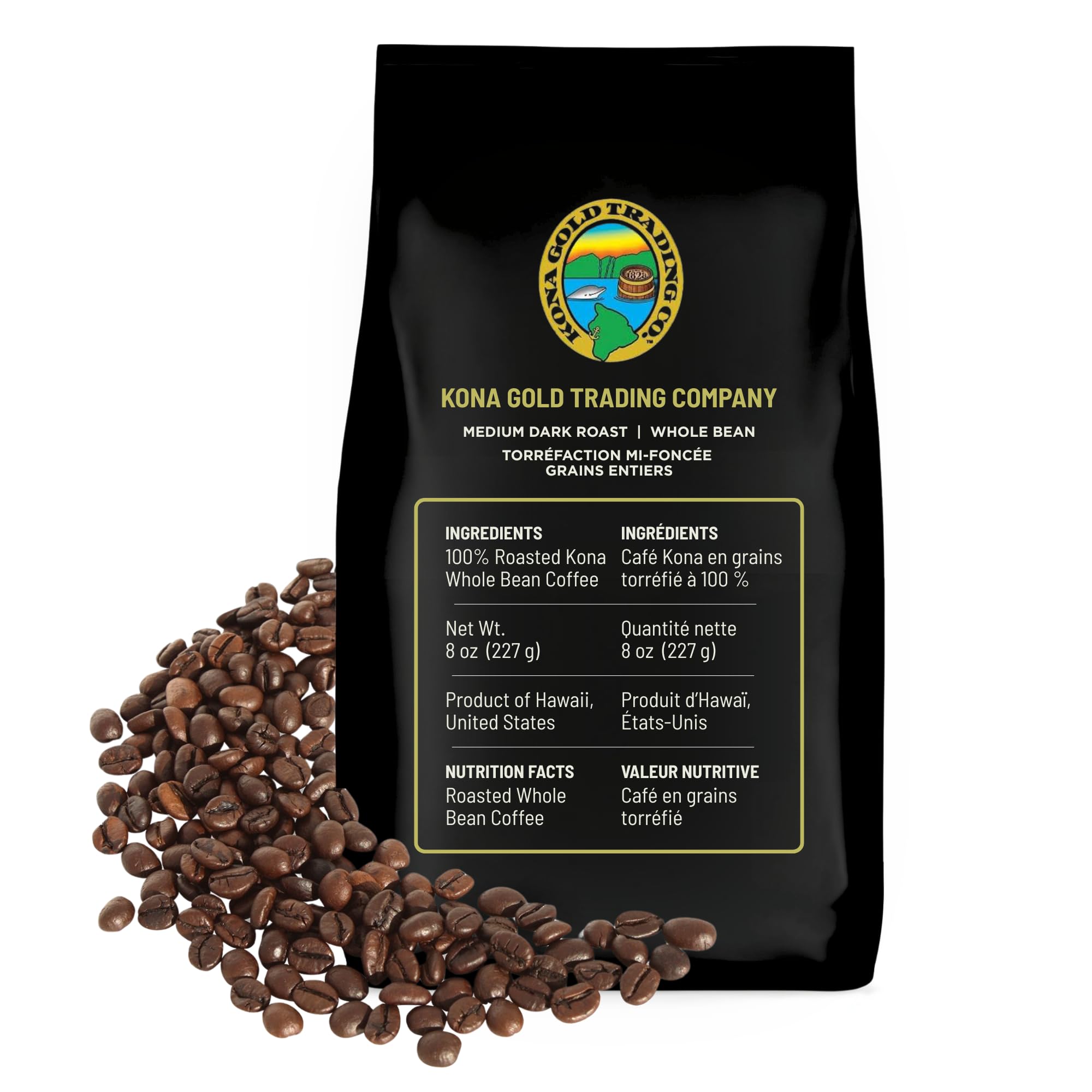 8oz 100% Kona Coffee Whole Beans by Kona Gold Rum Co. - Extra Fancy Freshly Roasted Medium/Dark Roast, Peach Notes with Cream Tones - Kona Coffee