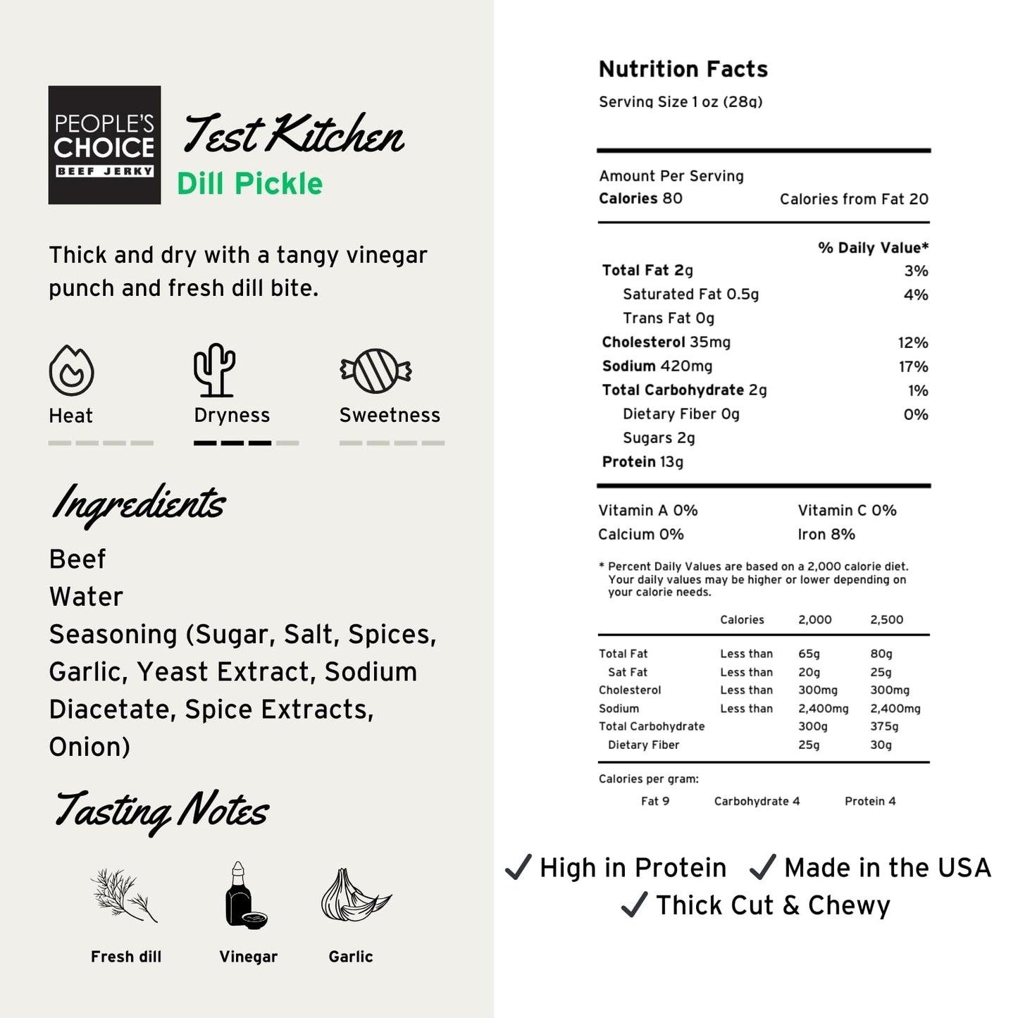 People’s Choice Beef Jerky - Test Kitchen - Dill Pickle - Dry Texture - 13g Protein - Made in USA - 1 Pound (16 oz) Bag