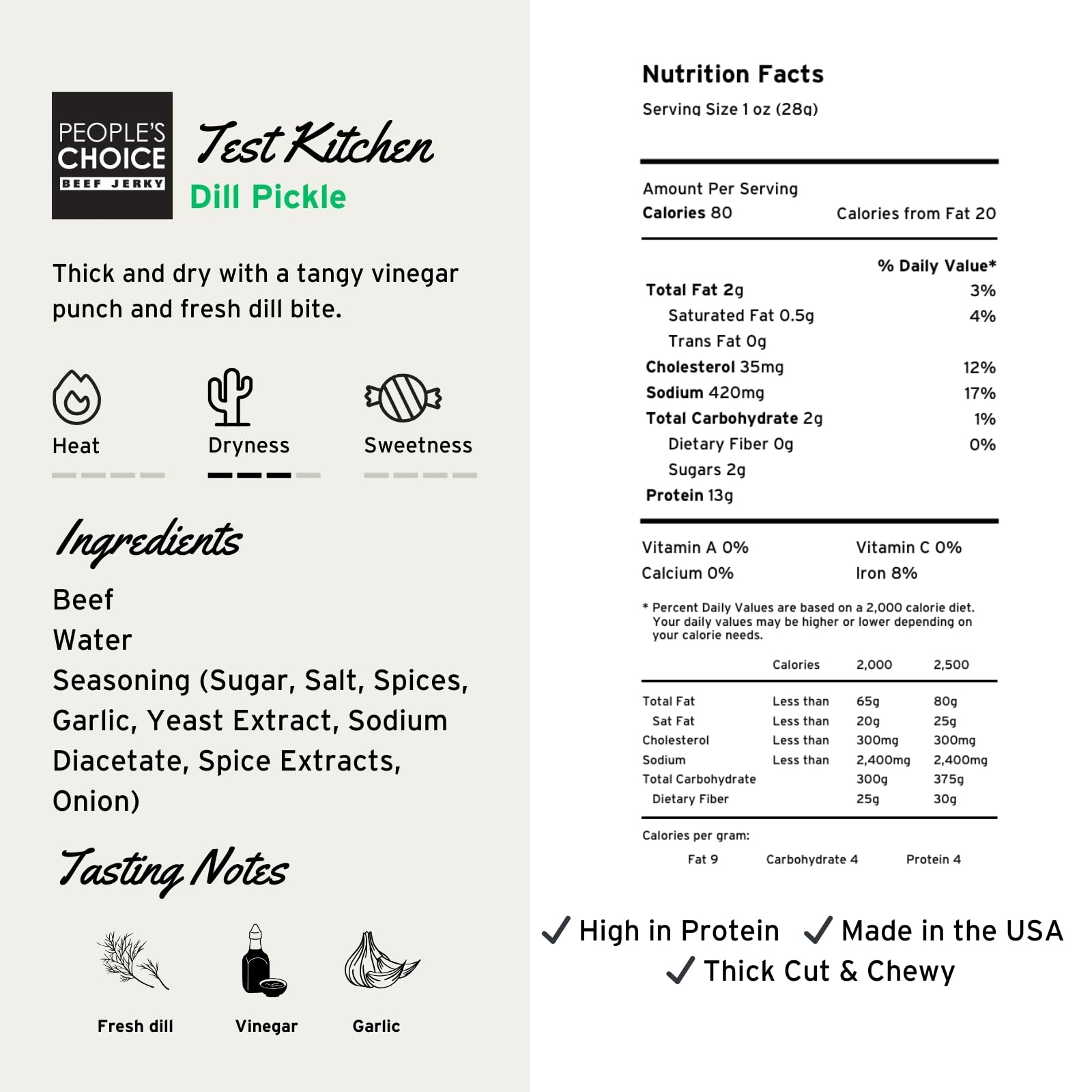 People’s Choice Beef Jerky - Test Kitchen - Dill Pickle - Dry Texture - 13g Protein - Made in USA - 1 Pound (16 oz) Bag