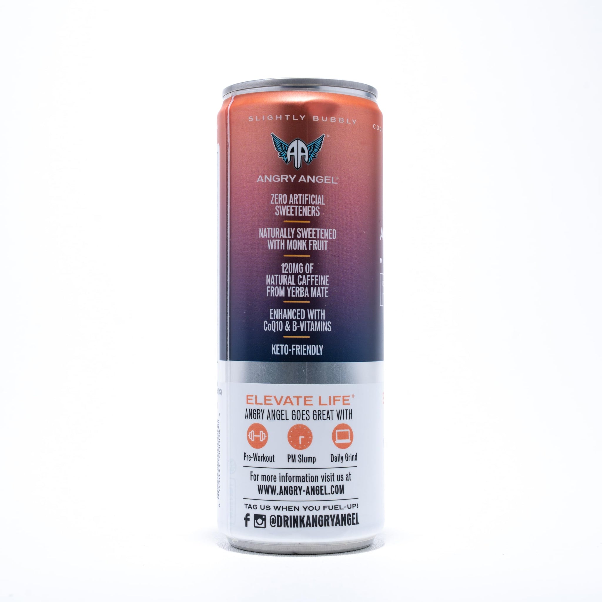 Angry Angel Peach Ginger Natural Energy + Focus Drink (12 count) - Zero Sugar - Natural Caffeine from Yerba Mate - CoQ10 - B Vitamins - 12 oz Cans