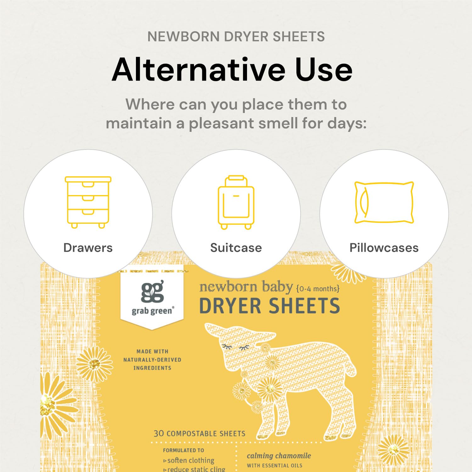 Grab Green Newborn Baby Dryer Sheets - Natural Scent Booster and Fabric Softener to Reduce Wrinkles and Static (Calming Chamomile Scent, 120 Sheets