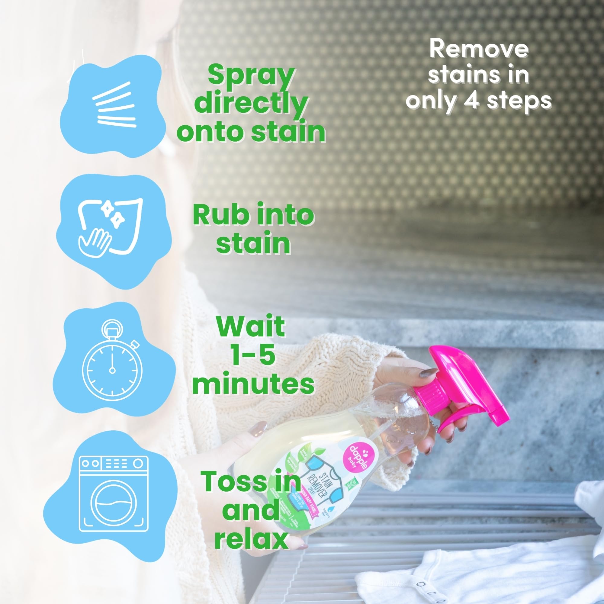 Dapple Baby Stain Remover Spray - 16.9 fl oz Bottle - Fragrance-Free, Plant-Powered & Hypoallergenic - Baby Stain Remover Cleaning Spray for Cloth