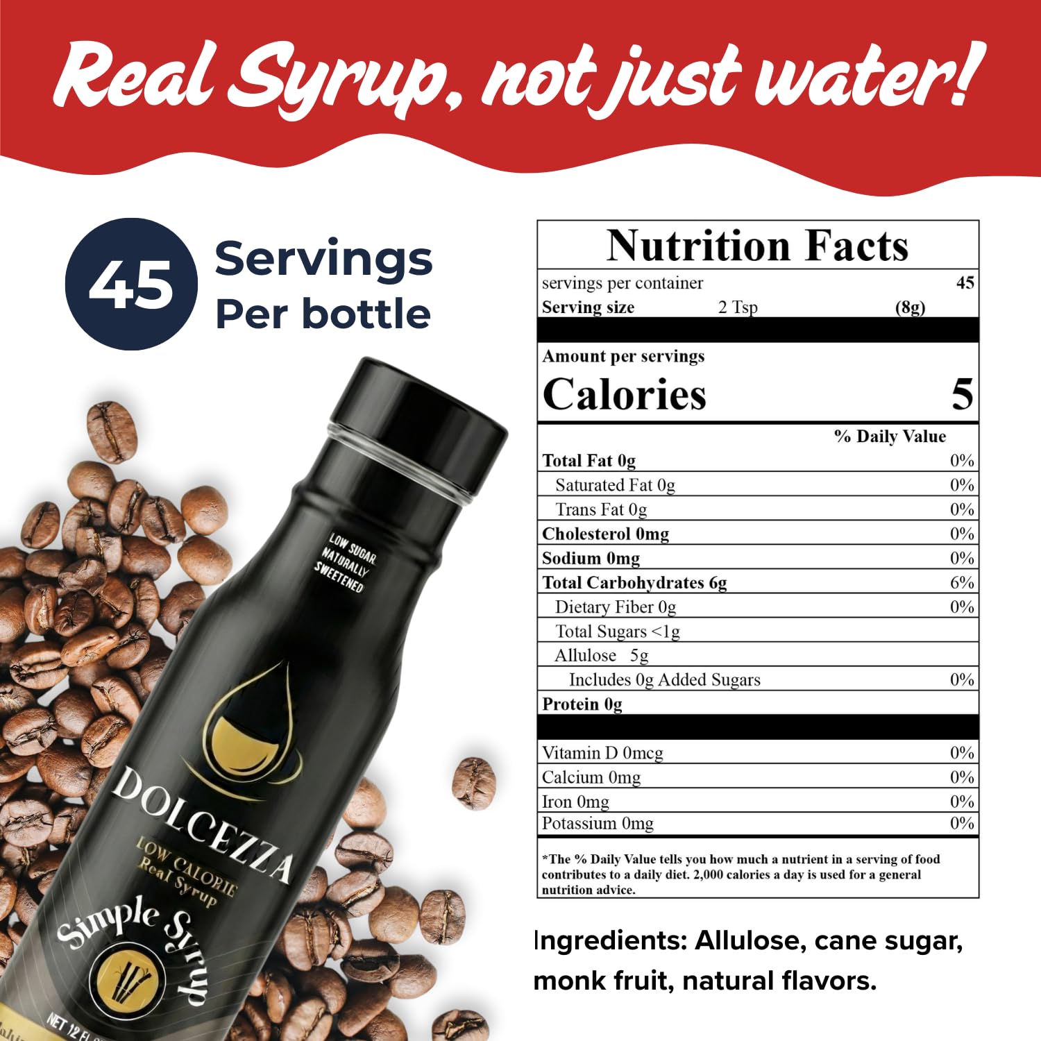 Dolcezza Allulose Syrups, All Natural Low Sugar Sweetener for Coffee, Baking, and Drinks. Keto Friendly Monkfruit Blend. No Stevia or Artificial Sweeteners, No Aftertaste. (12 fl oz, Simple Syrup)