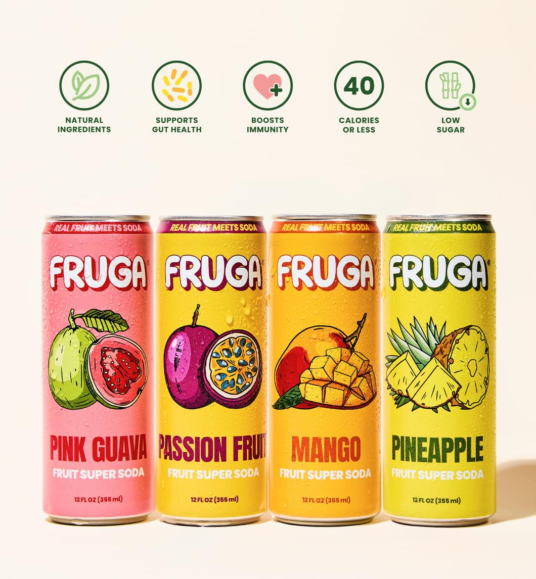 FRUGA Four Real Mix Sparkling Fruit Super Soda with Gut Health Benefits, Low Calorie, Low Sugar, Healthy Soda Variety Pack, 12oz Can (Pack of 12)