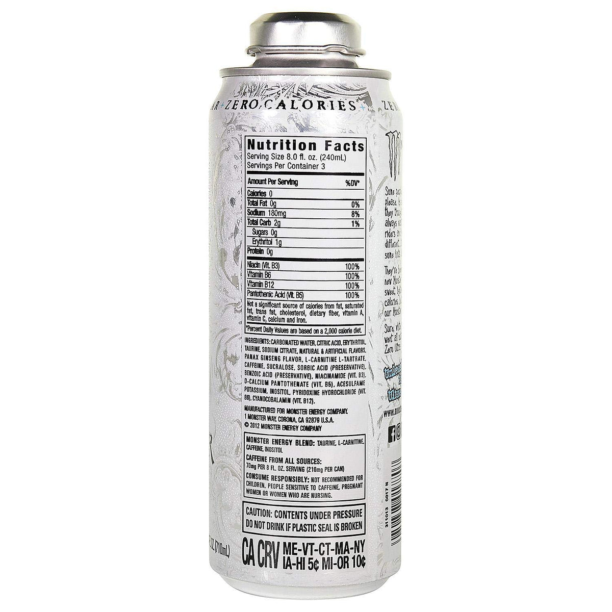 Monster Energy 24 ounce cans with Resealable Lids (Zero Ultra, 12 Cans)