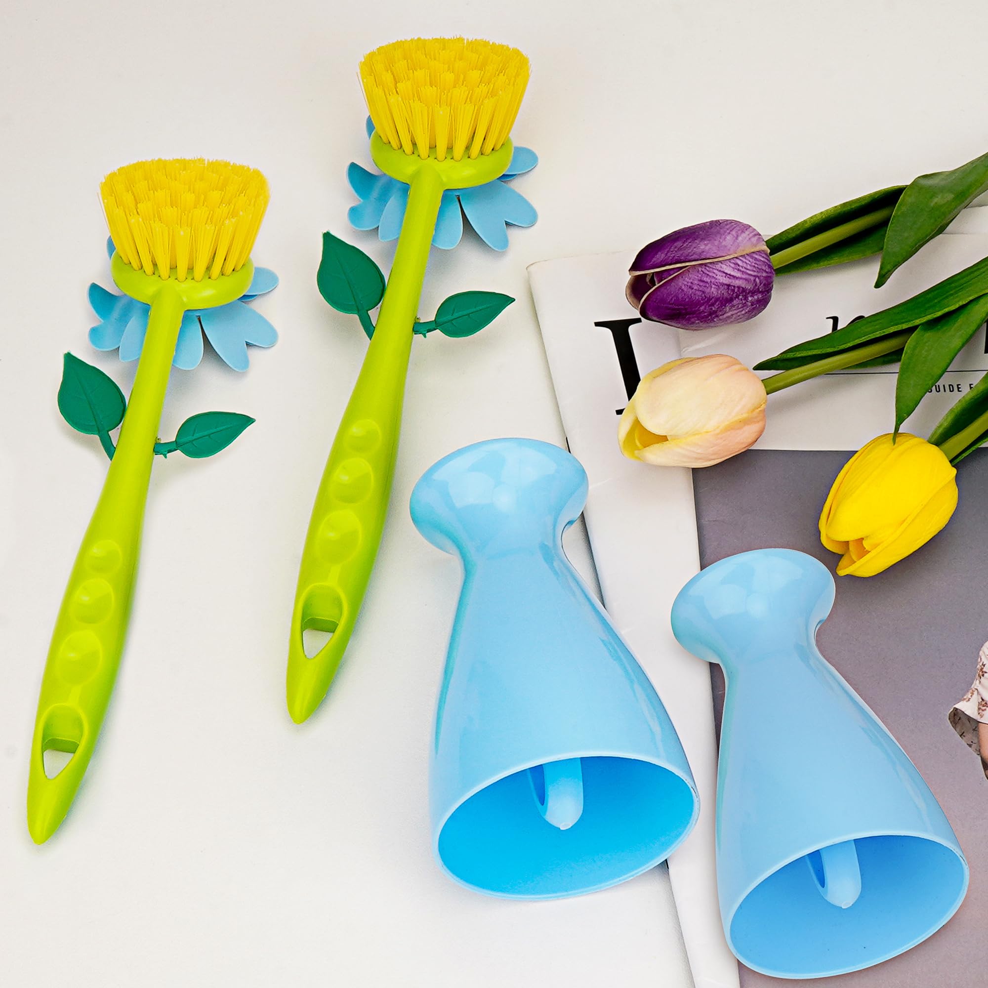 Biiange Long Handle Flower Pot Brush, Florganic Dish Brush with Vase, Long Handle Dish Brushs Kitchen, for Cleaning Pot Pan Sink Kitchen Supplies