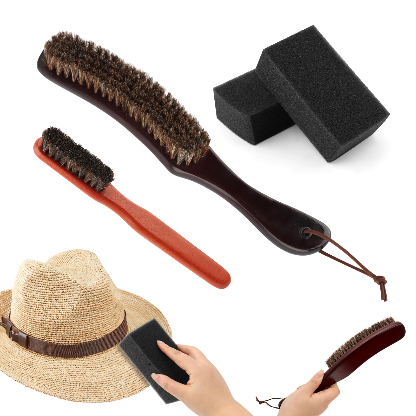 4Pcs Horsehair Felt Hat Brush Kit, Felt Hat Cleanings Kit with Cleaning Sponge Wood Cap Cleaning Lint Remover, for Cowboy Hats Baseball Caps, for Hair