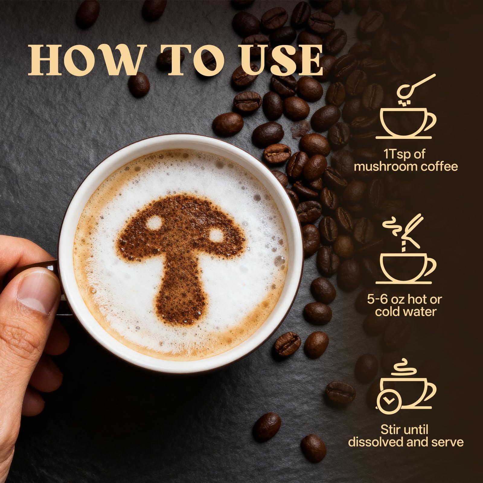 Mushroom Coffee Instant Powder with 6 Functional Mushrooms (Lion‘s Mane, Reishi, Cordyceps) - Focus, Energy & Body protection Support, Low Caffeine