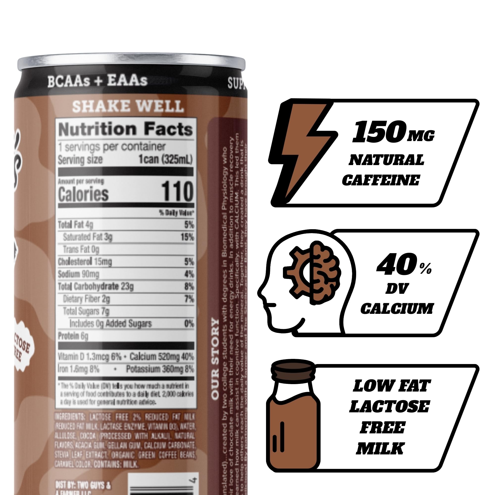 Dr. Cal’s Chocolate Milk Energy Drink - 150mg Natural Caffeine - 0g Added Sugar - Lactose Free - 12 Pack