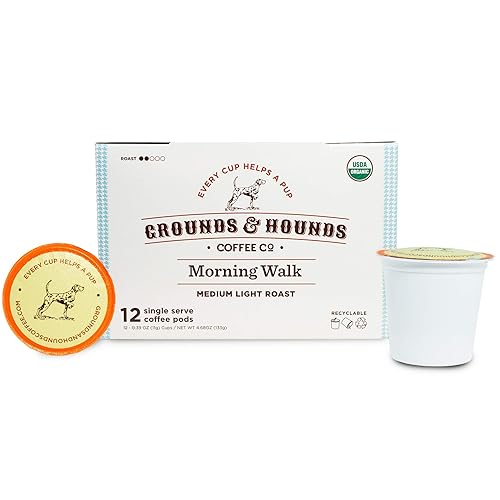 Grounds & Hounds Single Serve Organic Coffee Pods - Medium Roast Coffee K Cups, Recyclable Coffee Pods, Morning Walk Blend, 12 Count