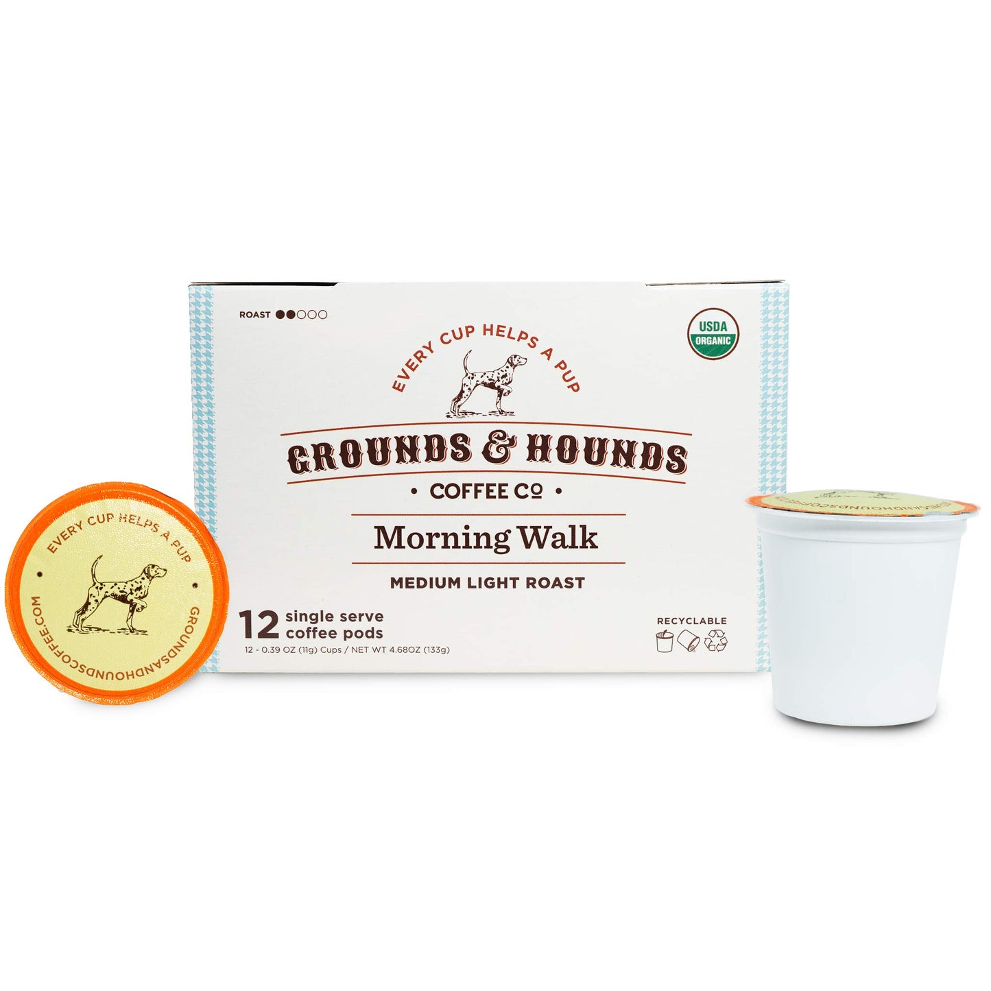 Grounds & Hounds Single Serve Organic Coffee Pods - Medium Roast Coffee K Cups, Recyclable Coffee Pods, Morning Walk Blend, 12 Count
