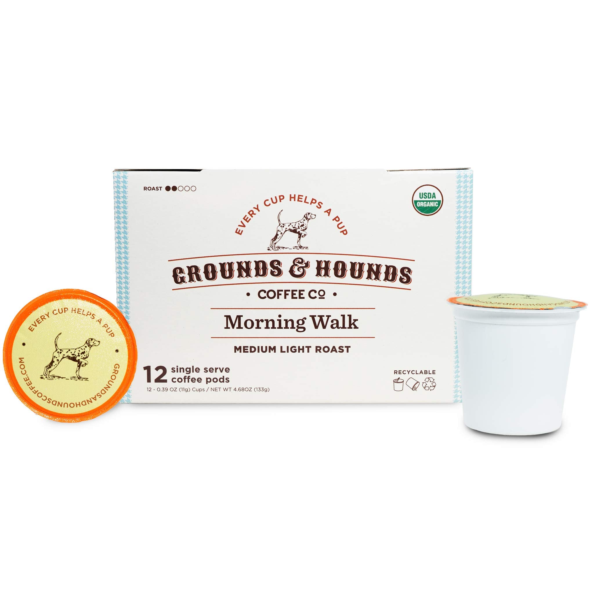 Grounds & Hounds Single Serve Organic Coffee Pods - Medium Roast Coffee K Cups, Recyclable Coffee Pods, Morning Walk Blend, 12 Count