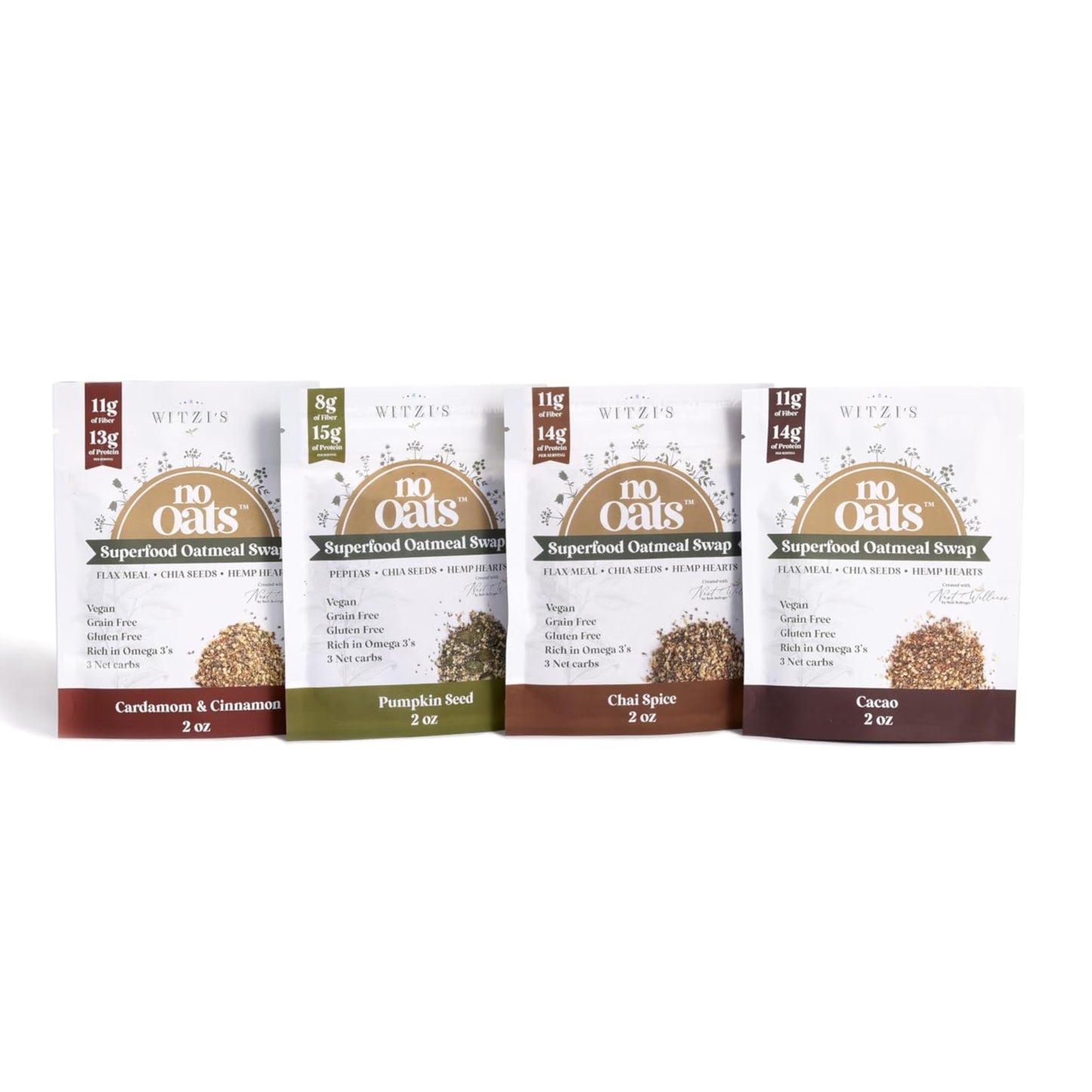 Witzi's No Oats Oatmeal Alternative, Variety Pack, 2oz (Pack of 4), Cardamom & Cinnamon, Cacao, Pumpkin Seed, Chai Spice, Made with Chia Seeds