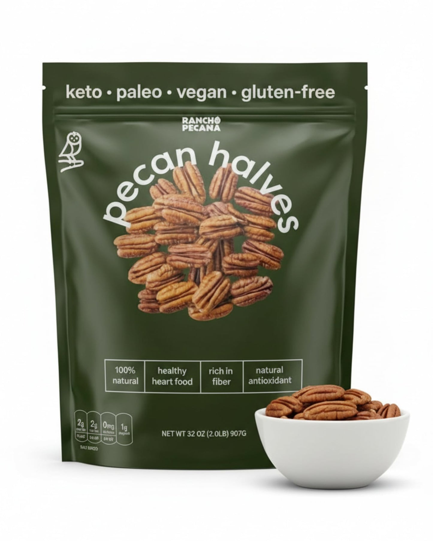 RANCHO PECANA - Natural Pecan Halves, 2 LB, Grain Free, Gluten Free, Non-GMO, Vegan Snack, Organic Nuts, Kosher, Keto, 3g Protein per 1 oz, Resealable