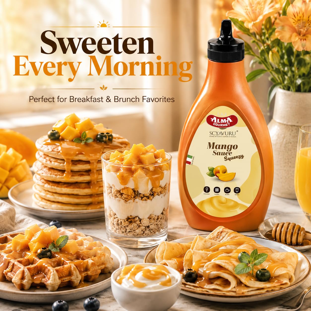 Alma Gourmet Mango Topping Sauce 17.6oz (500g) - Premium Italian Mango Fruit Syrup & Dessert Topping for Ice Cream, Gelato, Pancakes, Waffles, Crepes