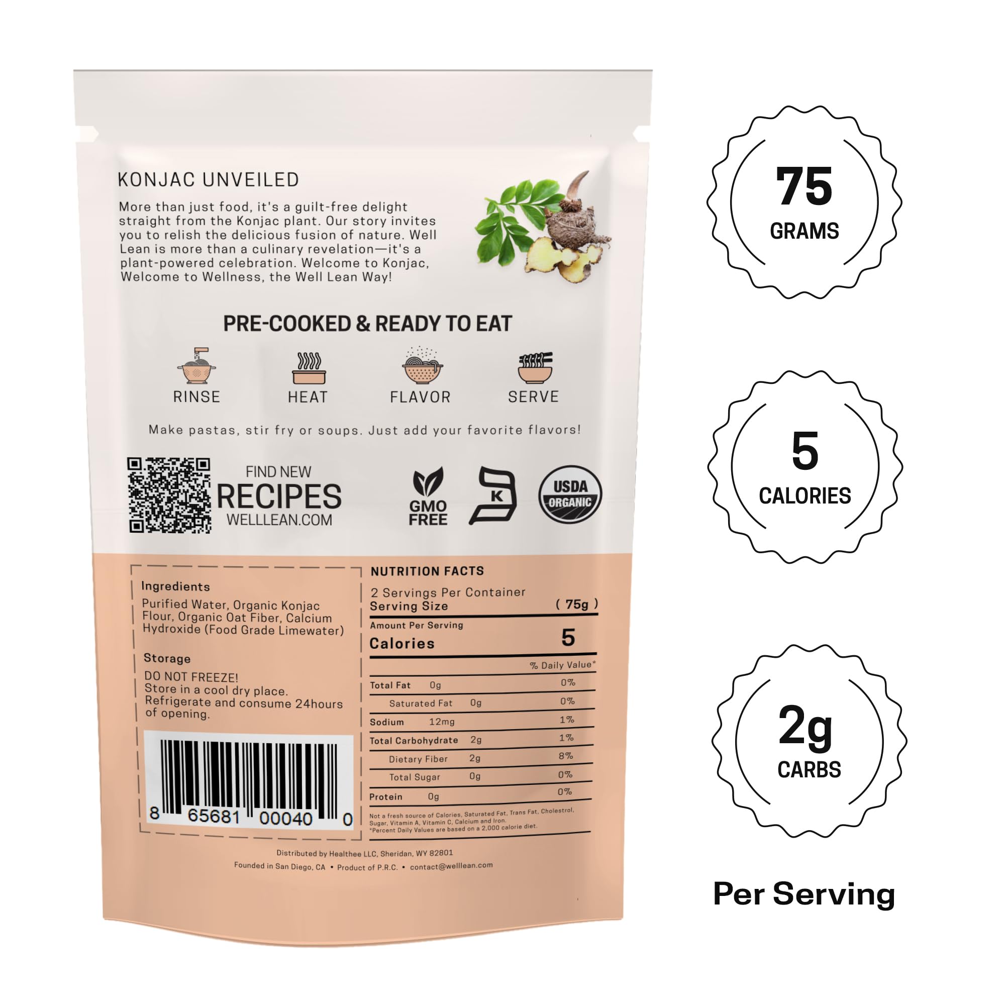 Well Lean Organic Konjac Shirataki Noodles, 12-Pack (24 Serving), Gluten-Free, Keto-Friendly, Low Carb, Low Calorie, 100% Plant-Based, 5 Cal, 2g Carbs