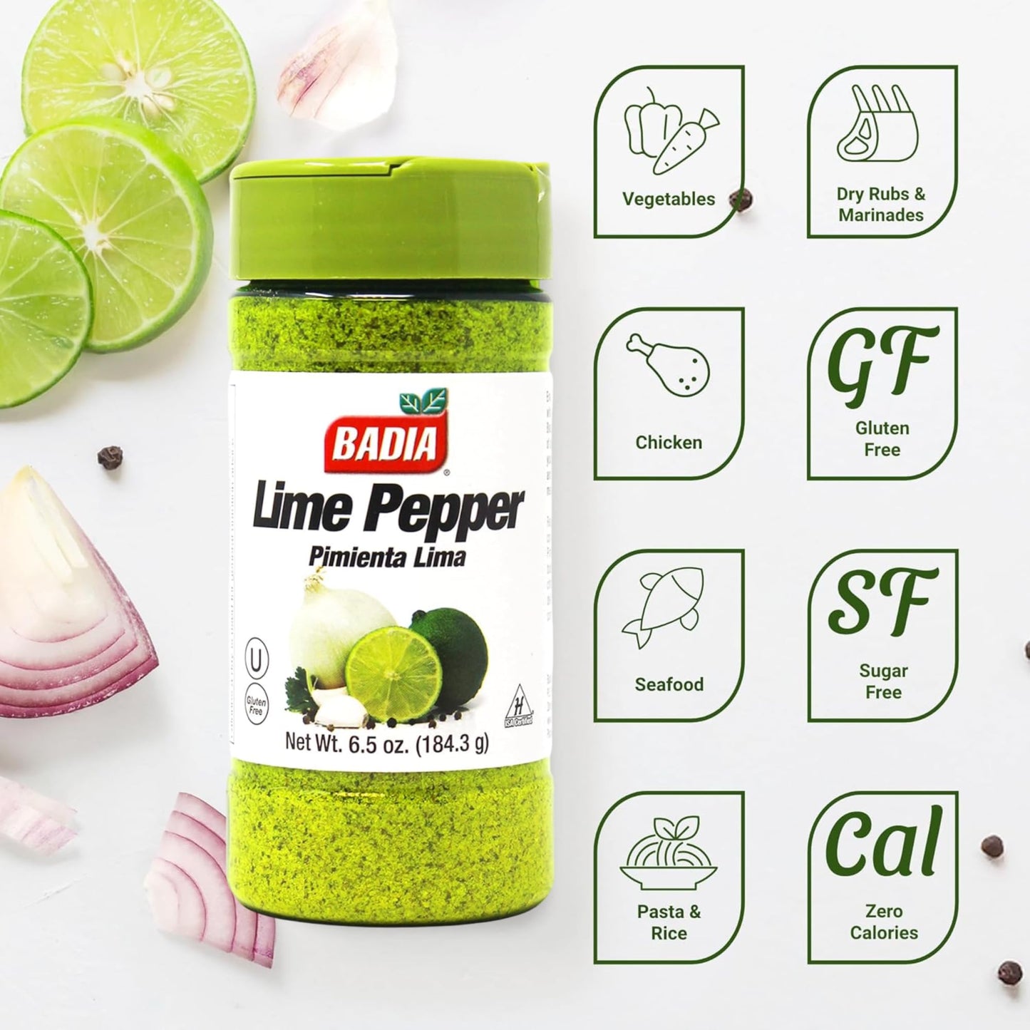 Badia Lime Pepper Seasoning, 6.5 oz - Pepper, Garlic & Onion, Zesty Citrus Blend for Chicken, Seafood & Vegetables