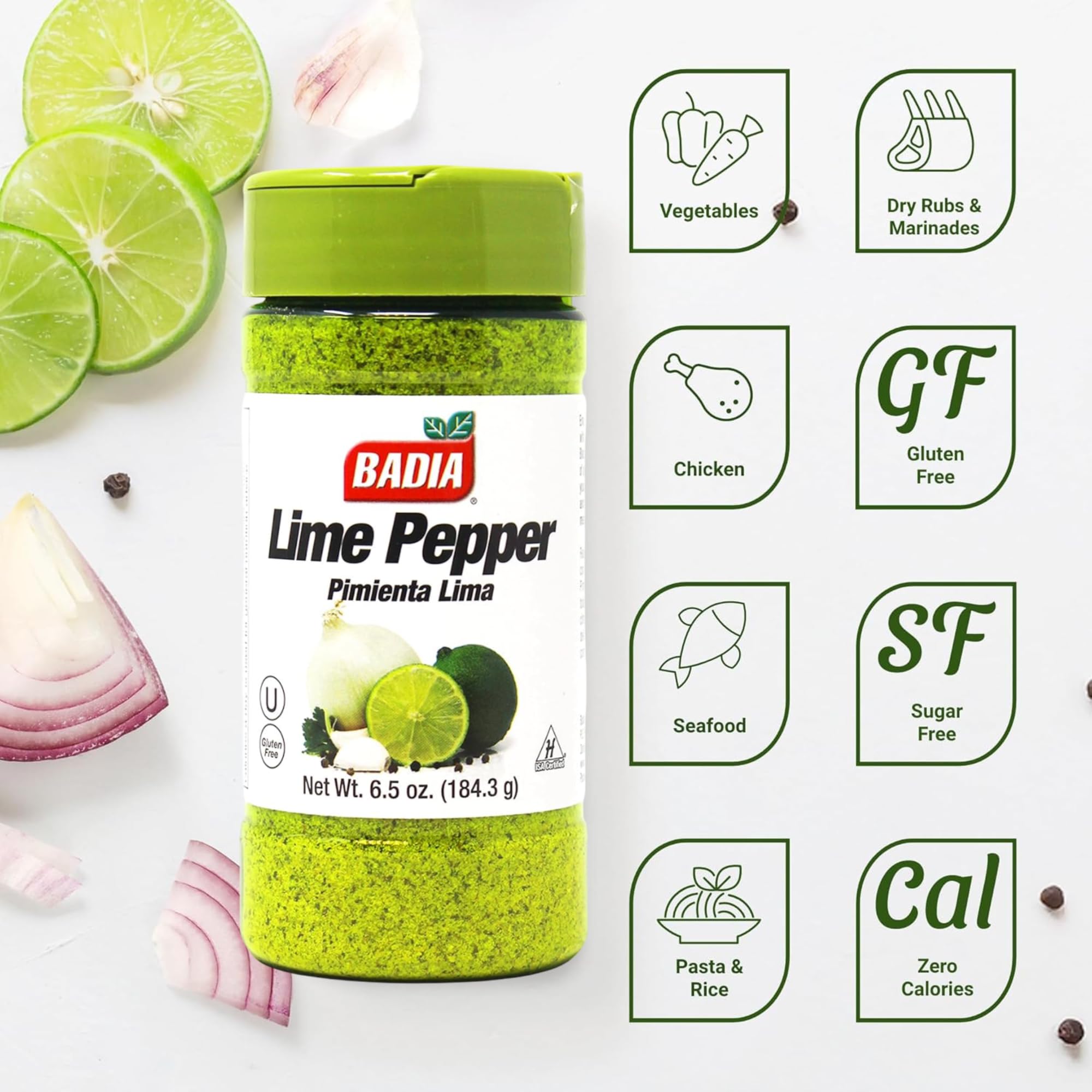 Badia Lime Pepper Seasoning, 6.5 oz - Pepper, Garlic & Onion, Zesty Citrus Blend for Chicken, Seafood & Vegetables