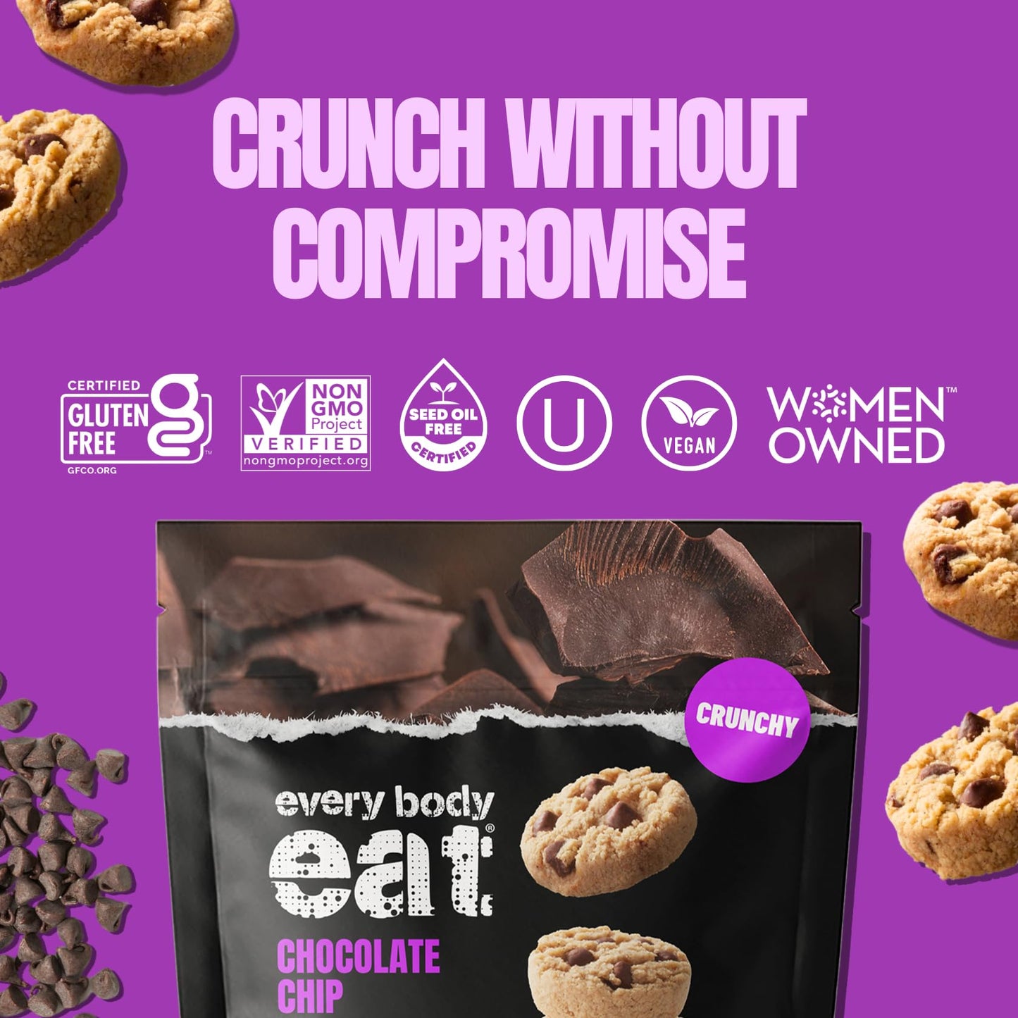 Every Body Eat Chocolate Chip Crunchy Cookie Bites - Gluten Free, Dairy Free, Vegan, Seed Oil Free, Allergy Friendly (5oz Pack of 3)