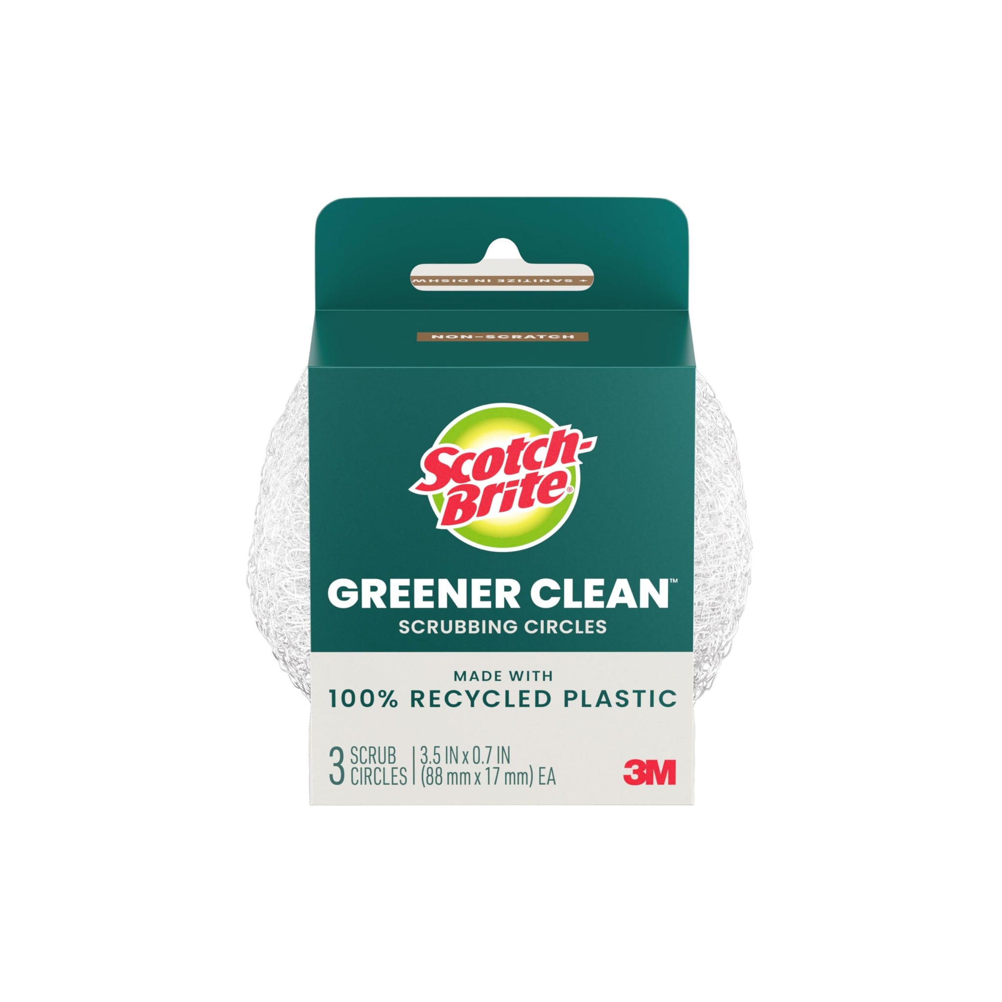 Scotch-Brite Greener Clean Recycled Scrubbing Circles, 3 Dish Scrubbers for Cleaning Kitchen & Scrubbing Fruits or Veggies, Safe on Nonstick Pots