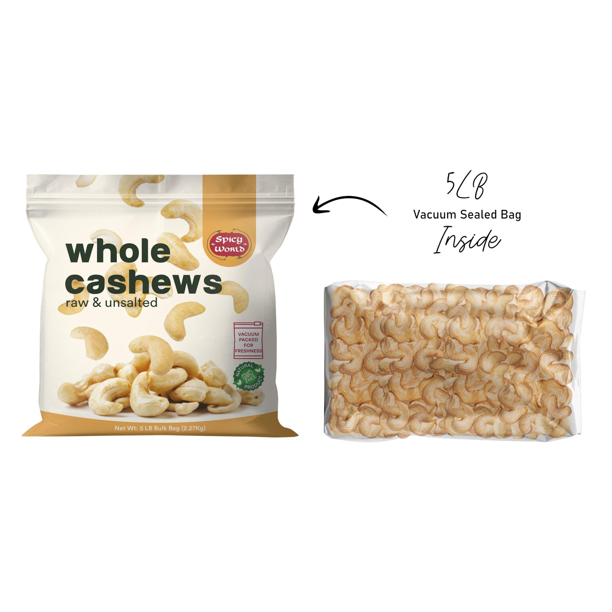 Spicy World Raw Cashews 5 LB (80oz) Bulk - Non-GMO, Gluten Free, Peanut Free, No Additives, Unsalted Natural & Pure Whole Cashews - Great for Pesto