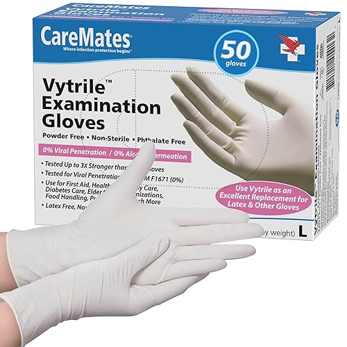 CareMates Vytrile Medical Exam Gloves, Latex Free Rubber, Powder Free, Extra Strong, 4 Mil Thick, Certified for Home Infusion, First Aid, Food Safe