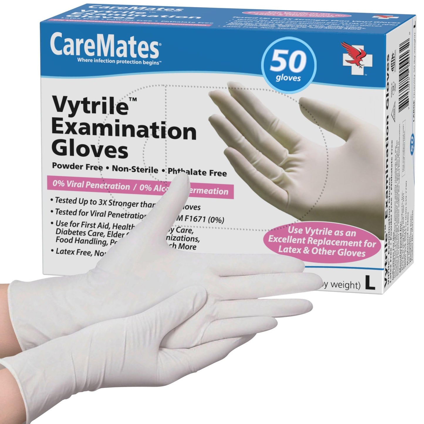 CareMates Vytrile Medical Exam Gloves, Latex Free Rubber, Powder Free, Extra Strong, 4 Mil Thick, Certified for Home Infusion, First Aid, Food Safe
