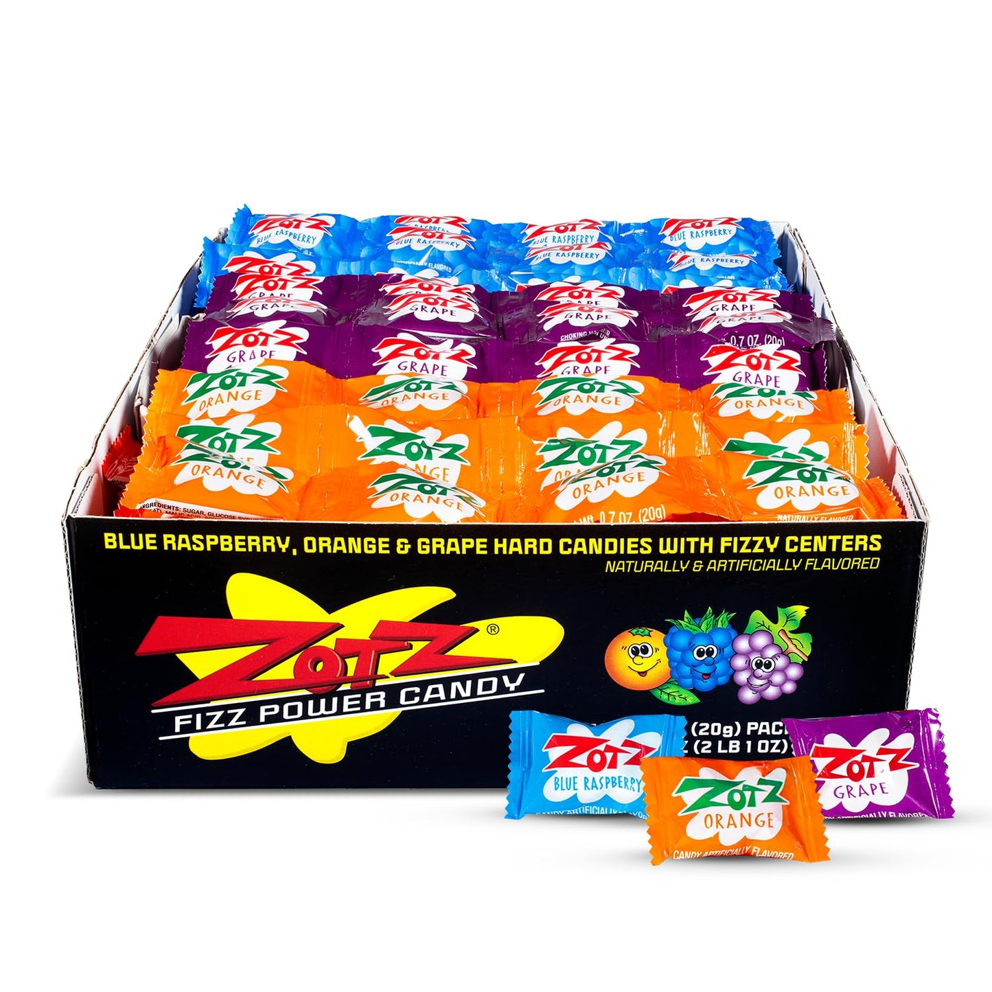 ZOTZ Fizzy Sour Candy Old Fashioned Hard Candy Assorted Fruit Flavored, Blue Raspberry Grape, Individually Wrapped -Filled With A Fizzy Center, From
