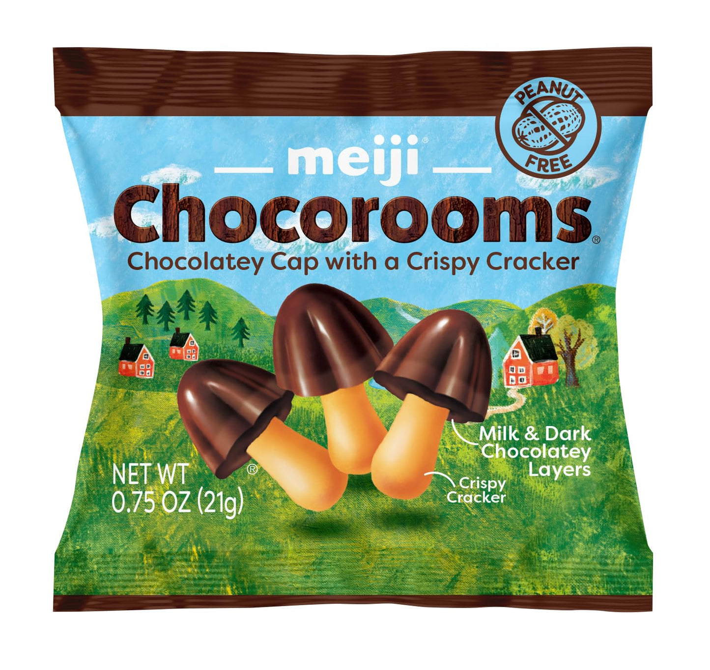 MEIJI Chocorooms Crispy Crackers - .75oz, Pack of 24 - Crunchy Pretzel Shell with Smooth Delicious Crème