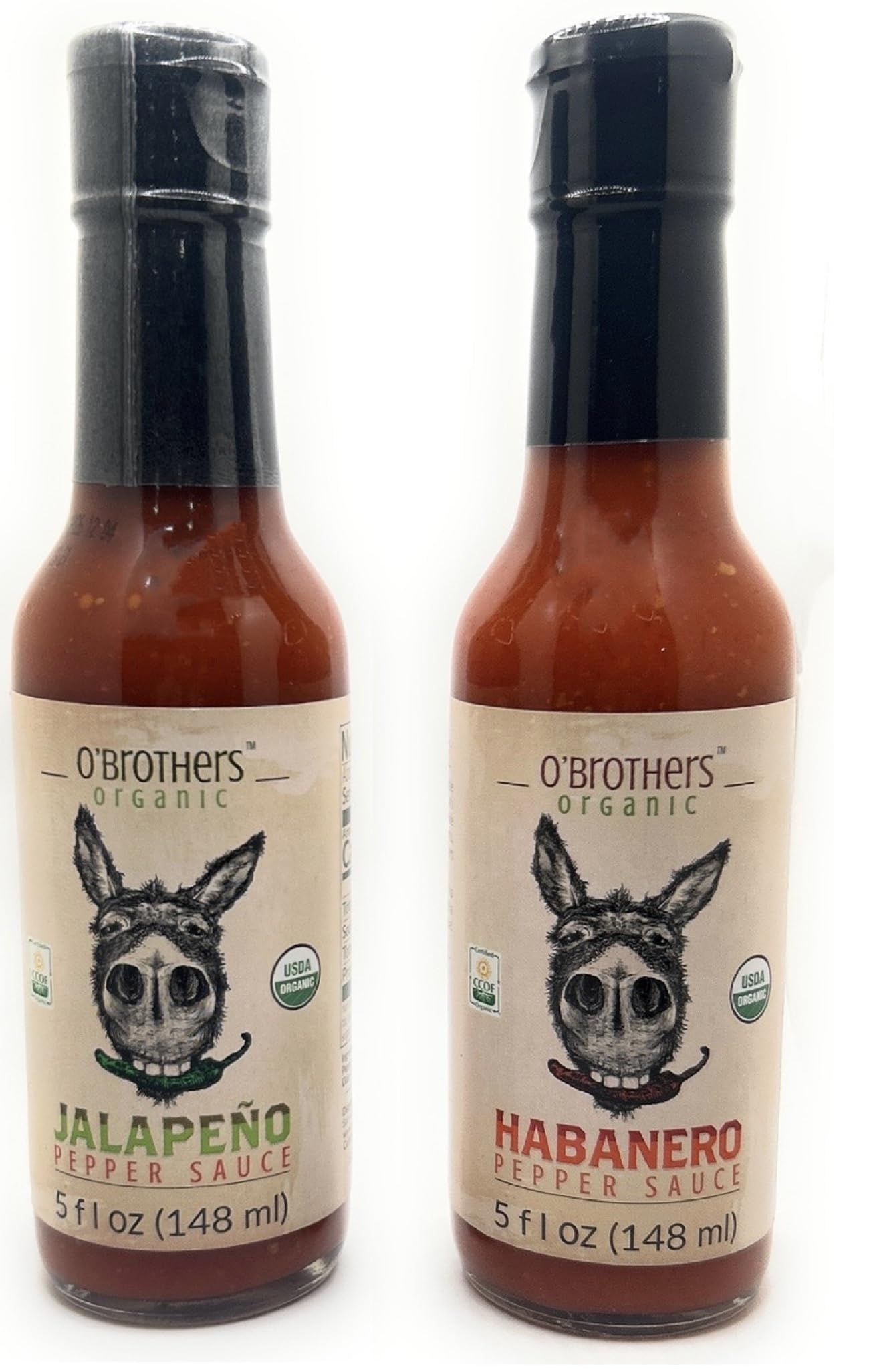 O'Brothers Organic Pepper Sauce 5oz - 2 bottles (Jalapeno & Habanero)