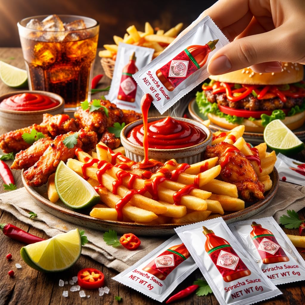 Sriracha Sauce Packets, 20 Count - Single Serve Hot Sauce Sachets (6g Each) - Spicy Red Jalapeño Condiment for Travel, Lunch Box, Restaurant