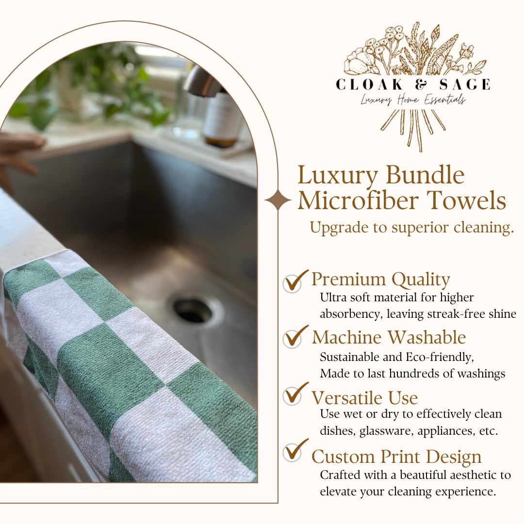 Microfiber Cleaning Cloths 13x13 - Lint-Free, Streak-Free Reusable Towels for Kitchen, Glass, Bathroom & Car | Cloak & Sage