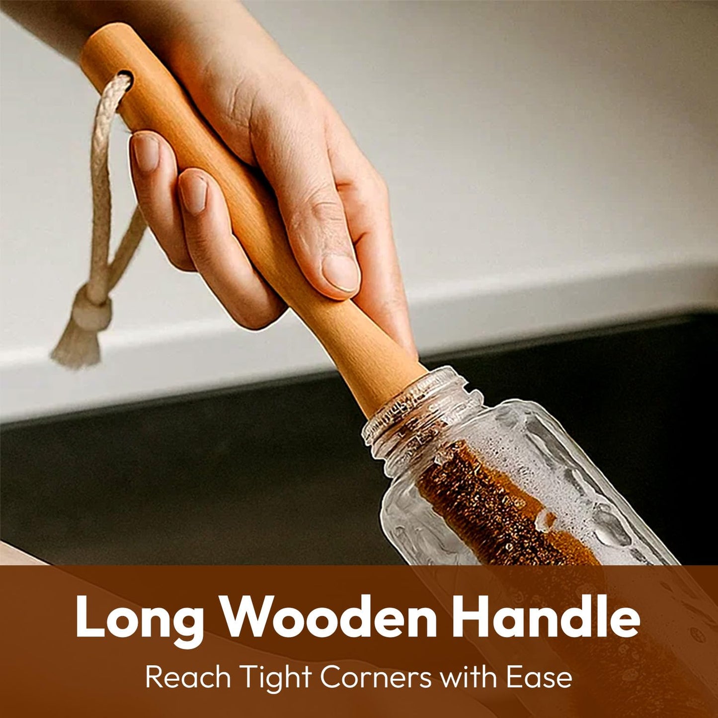 Eco-Friendly Kitchen Cleaning Brush (Twin Pack) - Wood Dish Brush with Coconut Fiber Bristles & Wooden Handle. Kitchen Brush for Bottles, Jars, Mugs