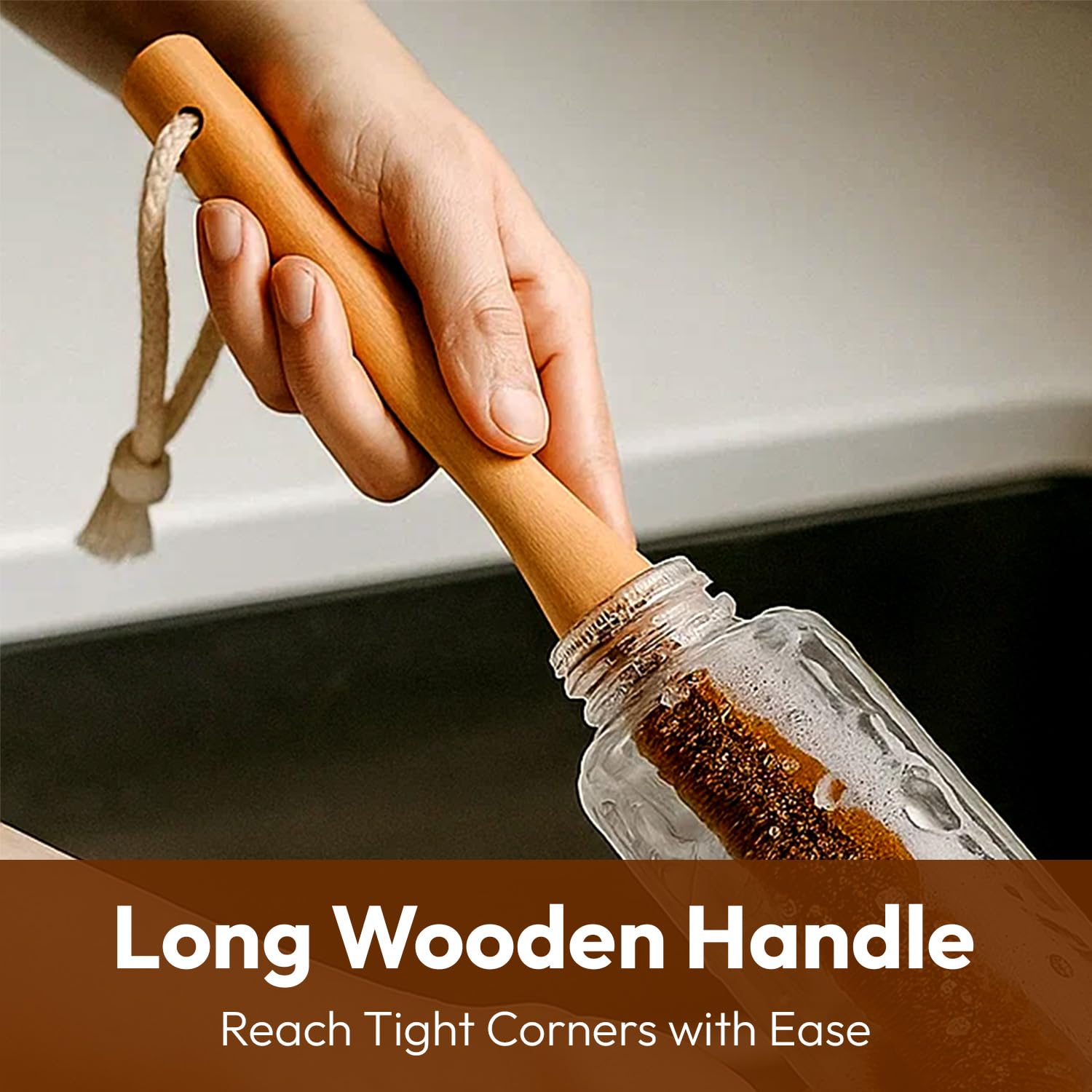 Eco-Friendly Kitchen Cleaning Brush (Twin Pack) - Wood Dish Brush with Coconut Fiber Bristles & Wooden Handle. Kitchen Brush for Bottles, Jars, Mugs