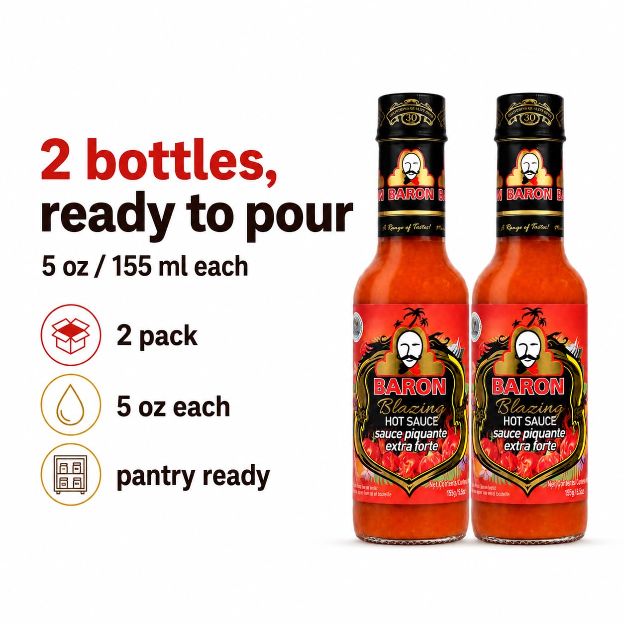 Baron Blazing Hot Sauce, Caribbean Pepper Sauce, 5 oz Bottles, Pack of 2