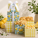 Alder Creek Gift Baskets Lemon Twist 3-High Tower with Candy, Cookies, and Popcorn for Summer, Thank You, Birthday, Housewarming, Mother's Day